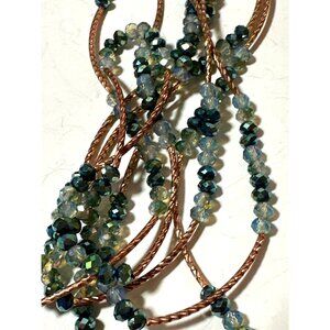 Sparkling Blue AB Bead Necklace Long Glass Gold Tone Curved Bars